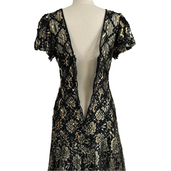 Vintage 80s Sequin Evening Dress Black Gold Floral Lace Size Small Formal - Picture 5 of 14